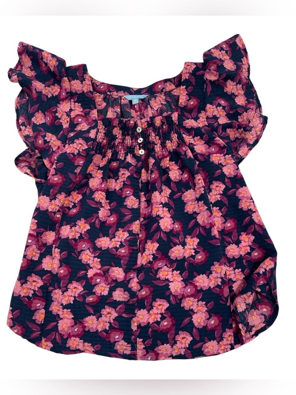 Draper James Navy, Pink, and Purple Floral Flutter-Sleeve Blouse Size M